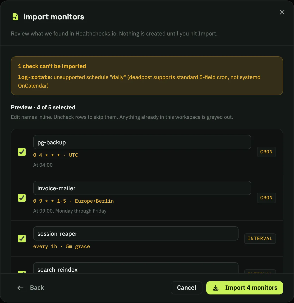 The deadpost import dialog previewing five checks mirrored from a healthchecks.io account