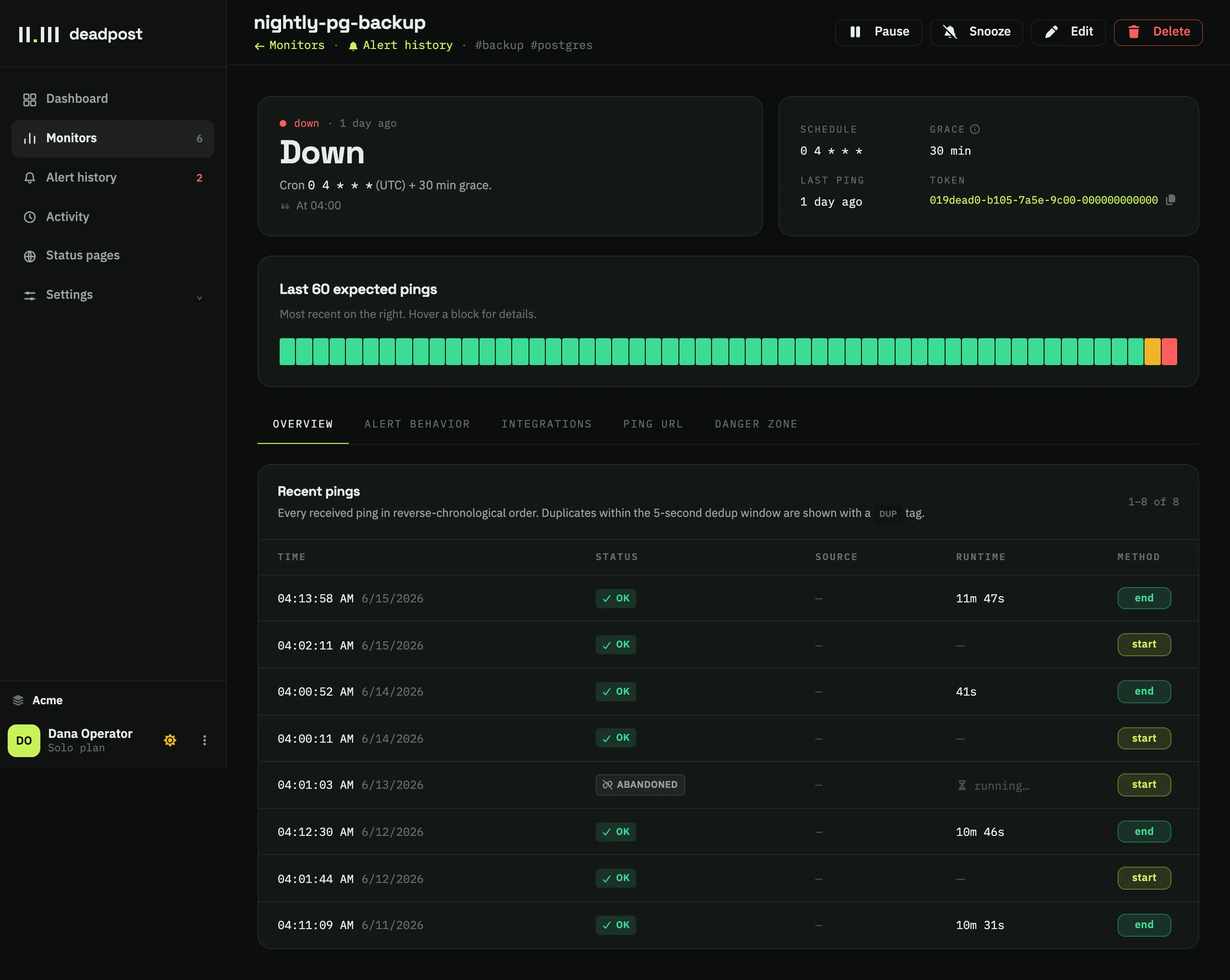 A monitor detail page showing a down status, a cron schedule, and a recent-pings table containing an abandoned run