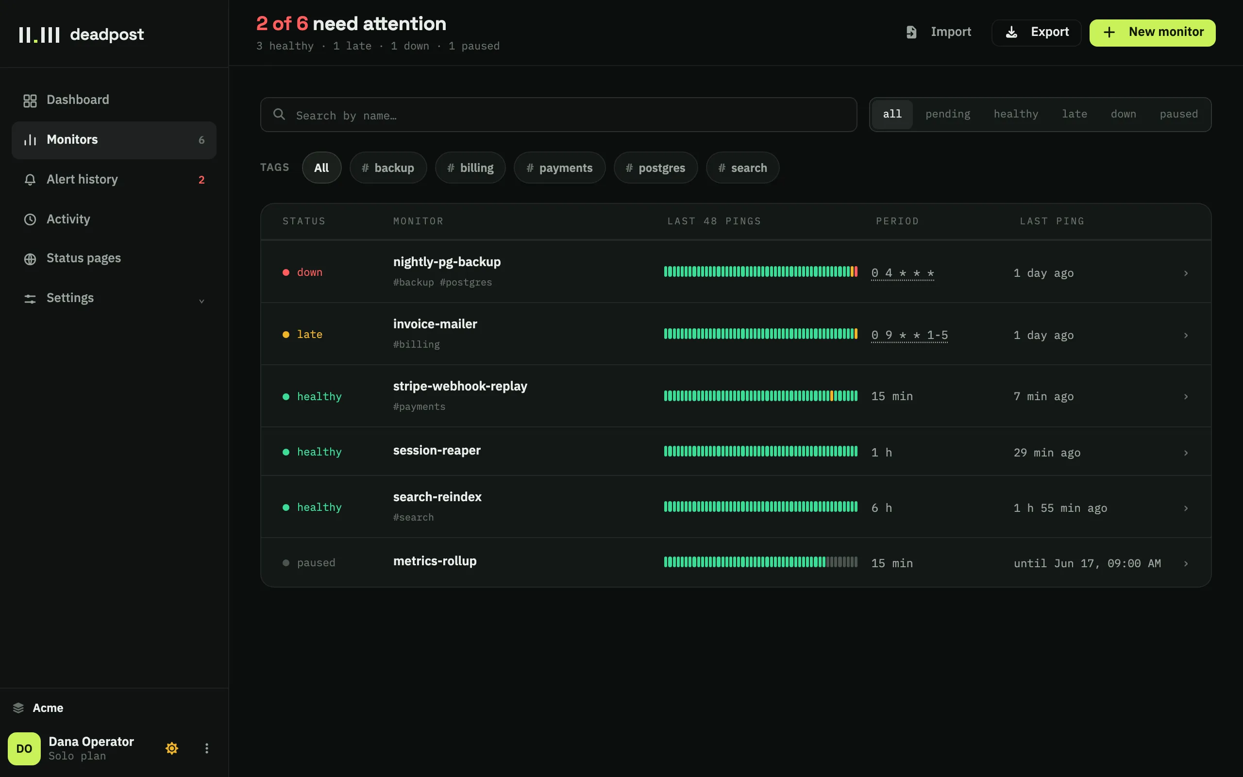 A deadpost monitor list showing six scheduled jobs — one down, one late, three healthy, one paused
